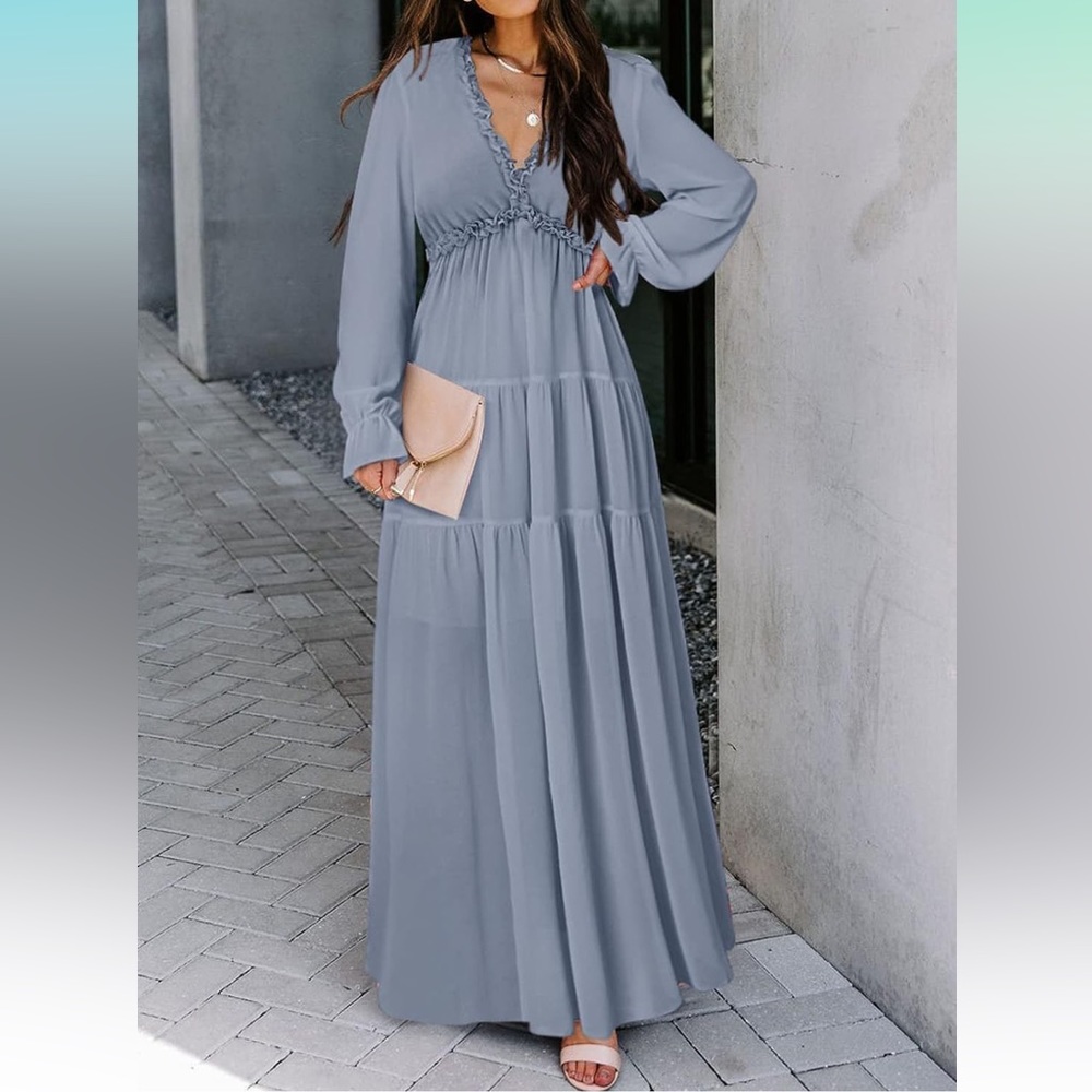 Long sleeve blue maxi boho dress